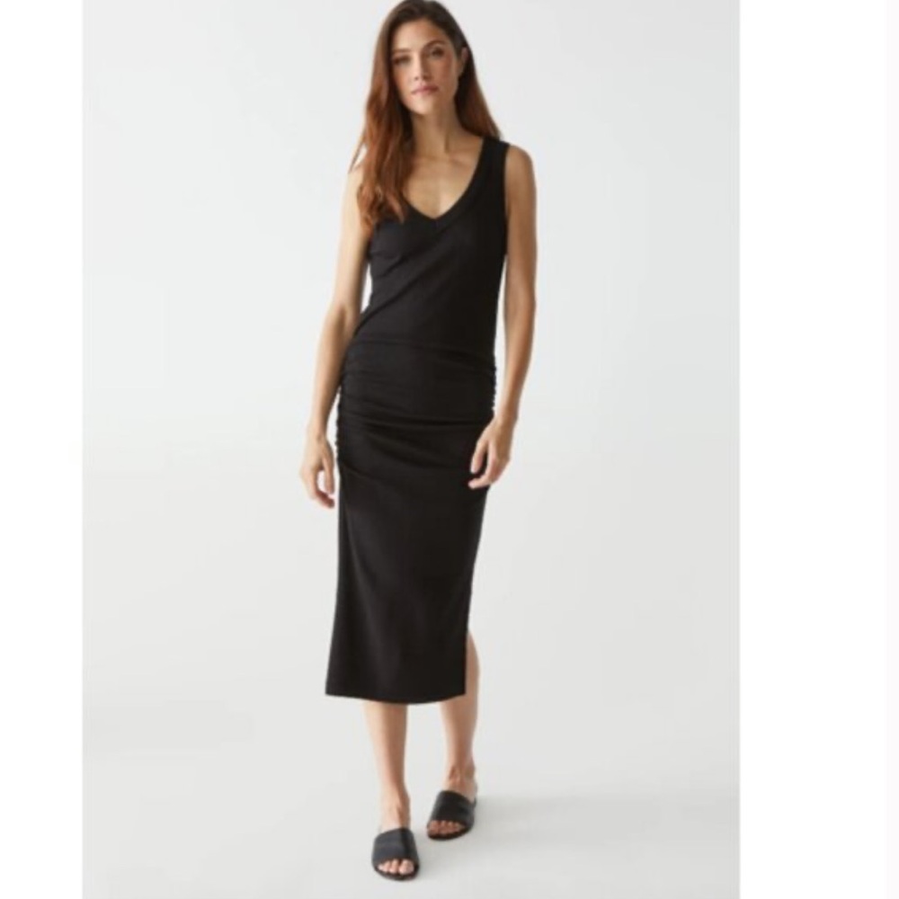 Michael Stars Lori Ribbed V-Neck Black Midi Dress Sz L